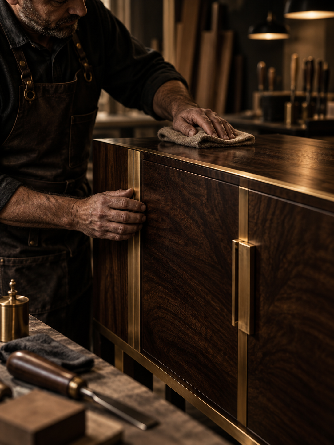 Craftsman hand-finishing a bespoke walnut and brass piece