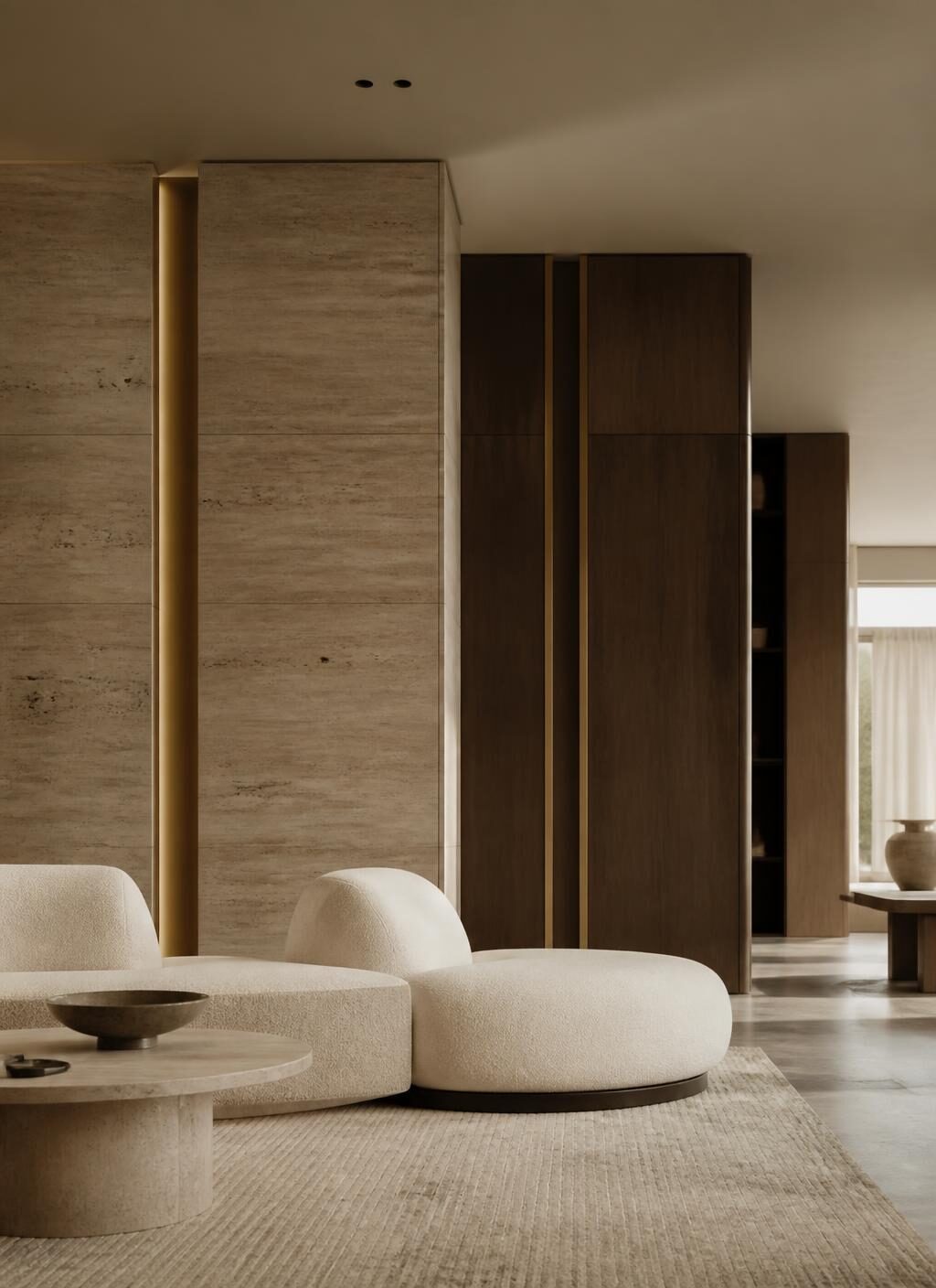 A wide salon interior in the Formara manner, layered seating against warm stone