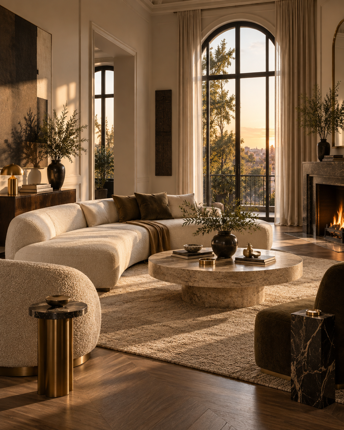 A luxury hall furnished with a curved cream sofa, dark marble table and sculptural brass chandelier